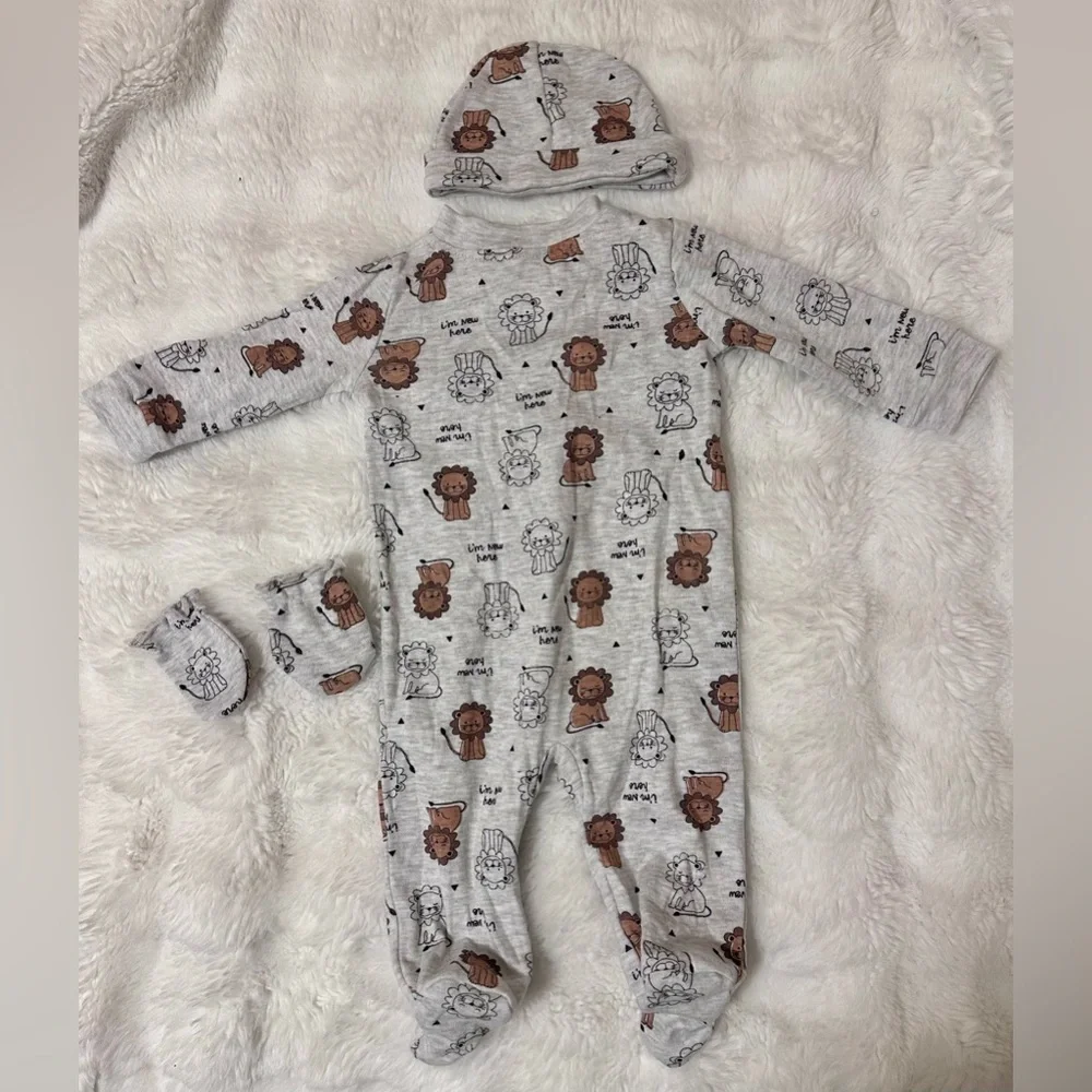 Koalababy Lion Print Footed Sleeper Set w/ Hat & Mittens 3-6M